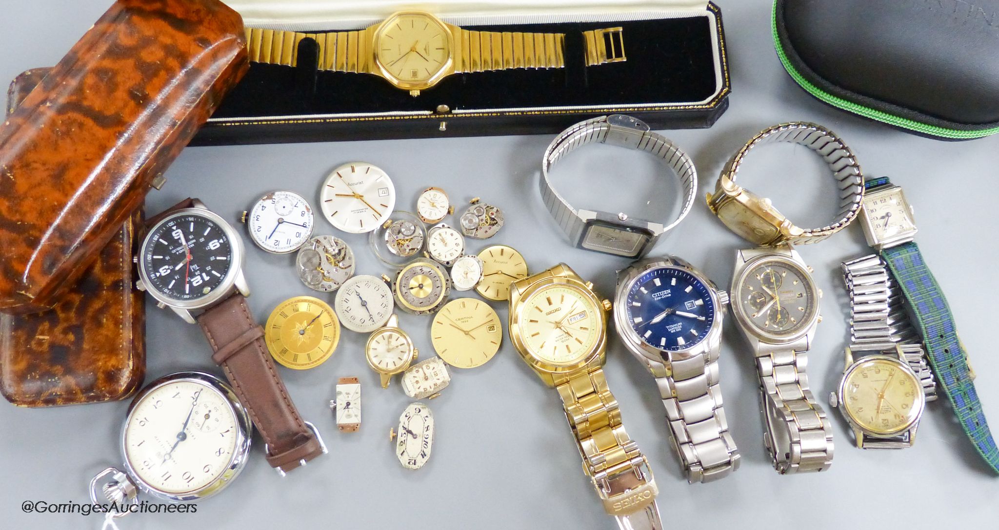 A small collection of wrist watches etc. including Longines, Certina and Rado and a small collection of watch movements.